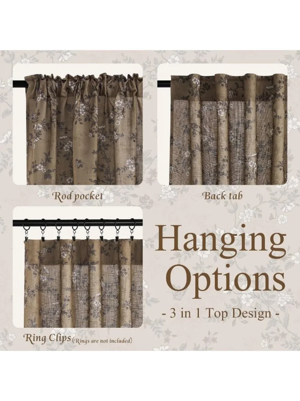 Floral Print Brown Linen Curtains, 2 Panels, W52 x L84 - Elegant Home Decor